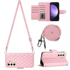 Custodia per cellulare in pelle con texture rombica per Samsung Galaxy S24 5G con cordino lungo (rosa)