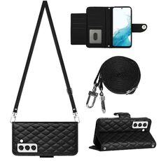 Custodia per cellulare in pelle con texture rombica per Samsung Galaxy S23 5G con cordino lungo (nero)