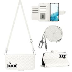 Per Samsung Galaxy S23 5G Custodia per telefono in pelle con texture rombica con cordino lungo (Bianco)