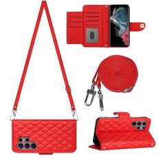 Custodia per cellulare in pelle con texture rombica per Samsung Galaxy S22 Ultra 5G con cordino lungo (rosso)