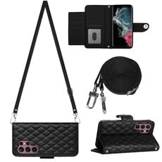 Per Samsung Galaxy S22 Ultra 5G Custodia per telefono in pelle con texture rombica con cordino lungo (Nero)
