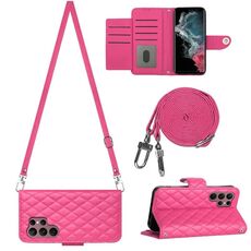 Custodia per cellulare in pelle con texture rombica per Samsung Galaxy S22 Ultra 5G con cordino lungo (rosa rosso)