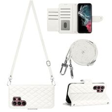 Per Samsung Galaxy S22 Ultra 5G Custodia per telefono in pelle con texture rombica con cordino lungo (Bianco)
