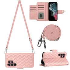 Custodia per cellulare in pelle con texture rombica per Samsung Galaxy S22 Ultra 5G con cordino lungo (rosa corallo)
