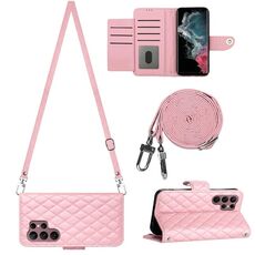 Per Samsung Galaxy S22 Ultra 5G Custodia per cellulare in pelle con texture rombica con cordino lungo (rosa)