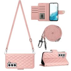 Custodia per cellulare in pelle con texture rombica per Samsung Galaxy S22 5G con cordino lungo (rosa corallo)