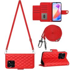 Custodia per telefono in pelle Flip con texture rombica per Honor X6a con cordino lungo (rosso)