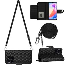 Custodia per cellulare in pelle Flip con texture rombica per Honor X6a con cordino lungo (nero)