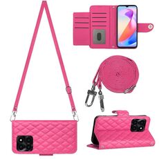 Custodia per cellulare in pelle con texture rombica per Honor X6a con cordino lungo (rosa rossa)
