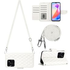 Custodia per telefono in pelle Flip con texture rombica per Honor X6a con cordino lungo (bianco)