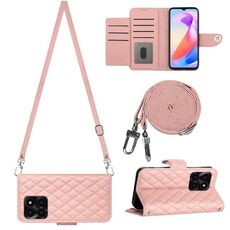 Per Honor X6a Custodia per cellulare in pelle con texture rombica con cordino lungo (rosa corallo)