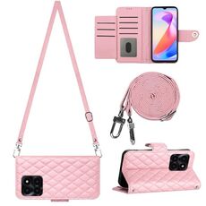 Custodia per cellulare in pelle con texture rombica per Honor X6a con cordino lungo (rosa)