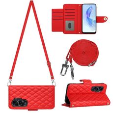 Custodia per cellulare in pelle con texture rombica per Honor 90 Lite con cordino lungo (rosso)