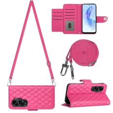 Custodia per cellulare in pelle con texture rombica per Honor 90 Lite con cordino lungo (rosa rossa)