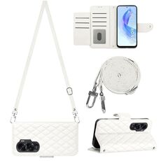 Custodia per cellulare in pelle con texture rombica per Honor 90 Lite con cordino lungo (bianco)