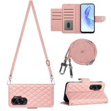 Per Honor 90 Lite Custodia per cellulare in pelle con texture rombica con cordino lungo (rosa corallo)