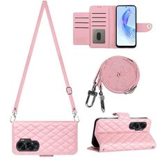 Per Honor 90 Lite Custodia per cellulare in pelle con texture rombica con cordino lungo (rosa)