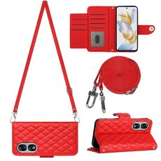 Custodia per telefono in pelle Flip con texture rombica per Honor 90 con cordino lungo (rosso)