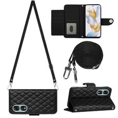 Per Honor 90 Custodia per cellulare in pelle con texture rombica con cordino lungo (nero)