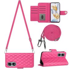 Custodia per cellulare in pelle con texture rombica per Honor 90 con cordino lungo (rosa rossa)