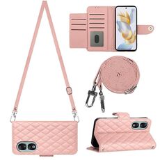 Custodia per cellulare in pelle con texture rombica per Honor 90 con cordino lungo (rosa corallo)