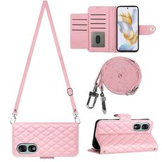 Custodia per cellulare in pelle Flip con texture rombica per Honor 90 con cordino lungo (rosa)