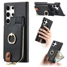Per Samsung Galaxy S24 Ultra 5G Litchi Pelle Olio Bordo Anello Cerniera Portafoglio Custodia per telefono posteriore (Nero)