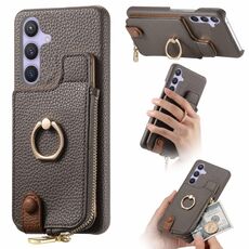 Per Samsung Galaxy S24 5G Litchi Pelle Olio Bordo Anello Cerniera Portafoglio Custodia posteriore per telefono (Grigio)