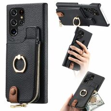 Per Samsung Galaxy S22 Ultra 5G Litchi Pelle Olio Bordo Anello Cerniera Portafoglio Custodia per telefono posteriore (Nero)