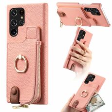 Per Samsung Galaxy S22 Ultra 5G Litchi Pelle Olio Bordo Anello Cerniera Portafoglio Custodia posteriore per telefono(Rosa)
