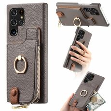 Per Samsung Galaxy S22 Ultra 5G Litchi Pelle Olio Bordo Anello Cerniera Portafoglio Custodia posteriore per telefono(Grigio)