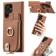 Per Samsung Galaxy S22 Ultra 5G Litchi Pelle Olio Bordo Anello Cerniera Portafoglio Custodia per telefono posteriore (Marrone)