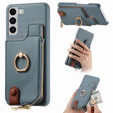 Per Samsung Galaxy S22 5G Litchi Pelle Olio Bordo Anello Cerniera Portafoglio Custodia posteriore per telefono(Blu)