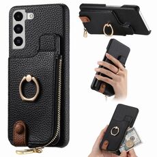 Per Samsung Galaxy S22 5G Litchi Pelle Olio Bordo Anello Cerniera Portafoglio Custodia per telefono posteriore (Nero)