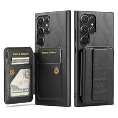 Per Samsung Galaxy S22 Ultra 5G Fierre Shann Porta carte di credito in pelle di mucca con cera d'olio Custodia posteriore per telefono (nero)
