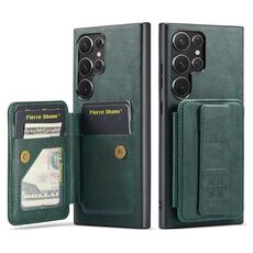 Per Samsung Galaxy S22 Ultra 5G Fierre Shann Porta carte di credito in pelle di mucca con cera d'olio Custodia posteriore per telefono (verde)