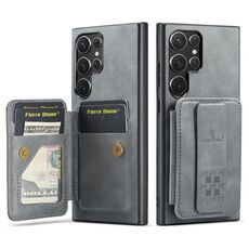 Per Samsung Galaxy S22 Ultra 5G Fierre Shann Porta carte di credito in pelle di mucca con cera d'olio Custodia posteriore per telefono (grigio)