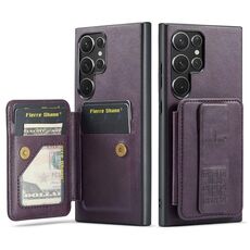 Per Samsung Galaxy S22 Ultra 5G Fierre Shann Porta carte di credito in pelle di mucca con cera d'olio Custodia posteriore per telefono (viola)