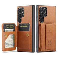 Per Samsung Galaxy S22 Ultra 5G Fierre Shann Porta carte di credito in pelle di mucca con cera d'olio Custodia posteriore per telefono (marrone)