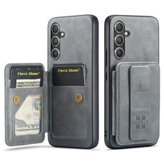 Per Samsung Galaxy A34 5G Fierre Shann Porta carte di credito in pelle di mucca con cera d'olio Custodia posteriore per telefono (grigio)
