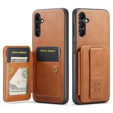 Per Samsung Galaxy A35 5G Fierre Shann Porta carte di credito in pelle di mucca con cera d'olio Custodia posteriore per telefono (marrone)