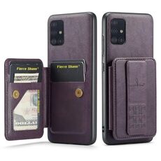 Per Samsung Galaxy A51 4G Fierre Shann Porta carte di credito in pelle di mucca con cera d'olio Custodia posteriore per telefono (viola)