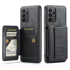 Per Samsung Galaxy A72 5G/4G Fierre Shann Porta carte di credito in pelle di mucca con cera d'olio Custodia posteriore per telefono (nero)