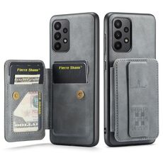 Per Samsung Galaxy A72 5G/4G Fierre Shann Porta carte di credito in pelle di mucca con cera d'olio Custodia posteriore per telefono (grigio)