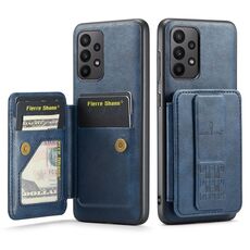 Per Samsung Galaxy A53 5G Fierre Shann Porta carte di credito in pelle di mucca con cera d'olio Custodia posteriore per telefono (blu)