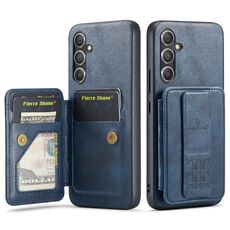 Per Samsung Galaxy A54 5G Fierre Shann Porta carte di credito in pelle di mucca con cera d'olio Custodia posteriore per telefono (blu)