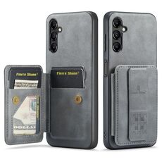 Per Samsung Galaxy A55 5G Fierre Shann Porta carte di credito in pelle di mucca con cera d'olio Custodia posteriore per telefono (grigio)