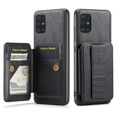 Per Samsung Galaxy A71 4G Fierre Shann Porta carte di credito in pelle di mucca con cera d'olio Custodia posteriore per telefono (nero)
