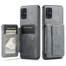 Per Samsung Galaxy A71 4G Fierre Shann Porta carte di credito in pelle di mucca con cera d'olio Custodia posteriore per telefono (grigio)