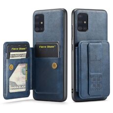 Per Samsung Galaxy A71 4G Fierre Shann Porta carte di credito in pelle di mucca con cera d'olio Custodia posteriore per telefono (blu)